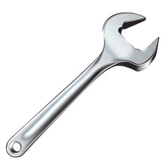 Realistic metallic wrench tool with polished surface, isolated transparent background.