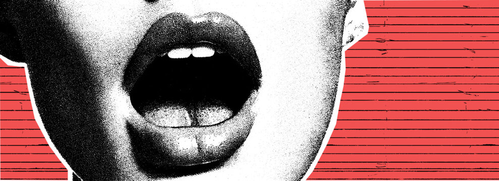 A red collage featuring an open mouth in halftone style, blending pop punk art and music elements into a bold, retro-inspired poster design