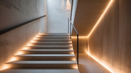 A sleek, modern concrete staircase with clean lines and minimalist railings, illuminated by warm, soft-glowing LED lights