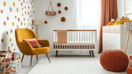 Cozy nursery design with crib soft armchair wooden toys and wall decorations modern interior
