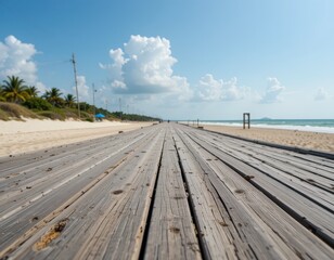 A weathered wooden boardwalk stretches across a sandy beach, leading to gentle waves lapping at the shore under a vibrant blue sky dotted with fluffy white clouds.