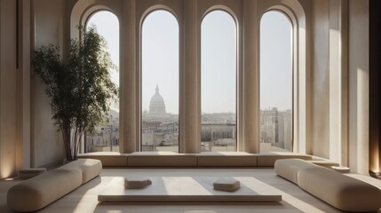 Serene Minimalist Interior with Panoramic City View