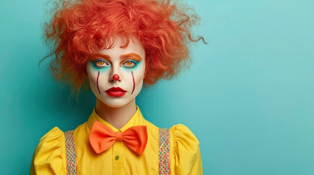 Woman in clown costume. Pastel background. Colorful makeup. Curly red hair. Yellow shirt with suspenders. Orange bow tie. Serious expression. Studio shot. Possible subjects entertainment, carnival,