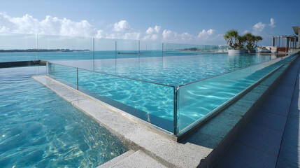 Obraz premium Transparent acrylic barrier by the infinity pool offering modern design and panoramic views of nature