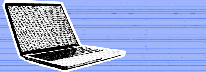 Pop art collage of blue retro laptop vibes — digital work meets classic style in a bold halftone aesthetic