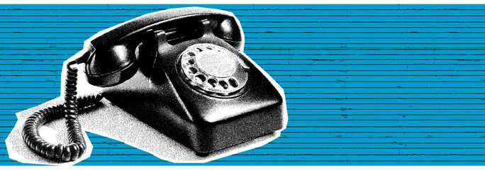  Lined blue background with retro phone collage art — a vintage-style call for attention with bold textures