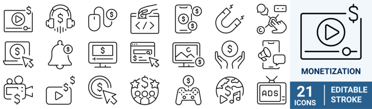 monetization web line icon set. Blogging, social media. Vector illustration