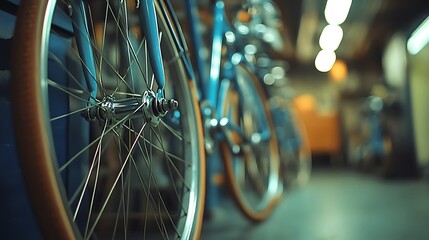 Several bicycles parked in a row inside a buildings interior