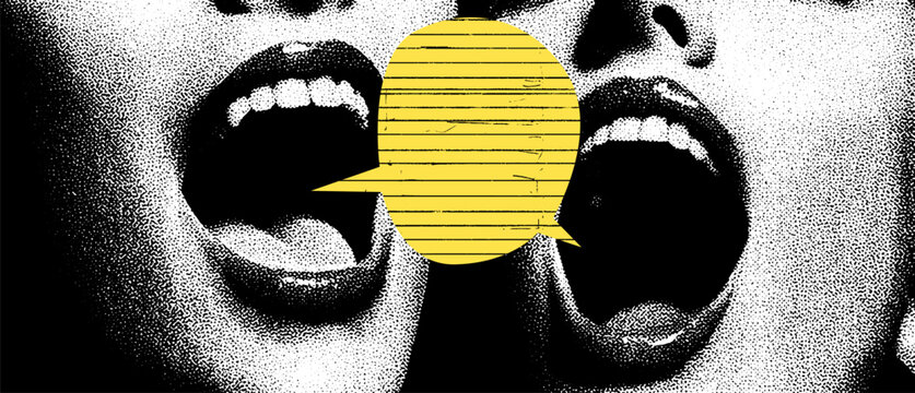 Two women scream into a yellow speech bubble &ndash; bold pop art vibes with halftone textures and rebellious retro energy