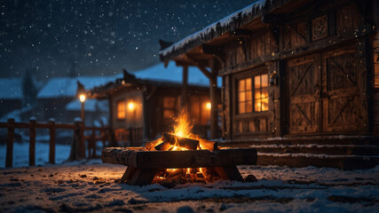 Fototapeta premium A Viking longhouse wooden porch, sturdy and rustic, with intricate carvings of Norse mythology, a firepit glowing inside, atmospheric winter setting