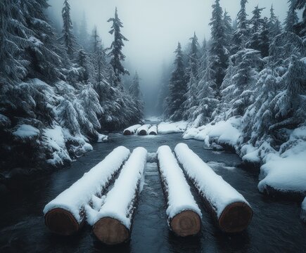 Winter Landscape with Snow-Covered Logs and Misty Cold River Surrounded by Evergreen Trees