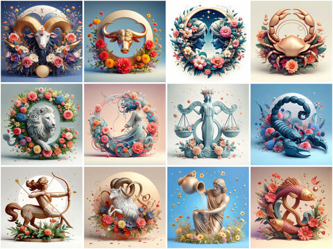 thumbs of all zodiac signs over white background, astrology concept 