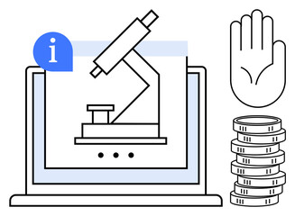 Microscope displayed on laptop highlights technology in research, hand gesture emphasizes guidance, coins symbolize funding. Ideal for technology, education, innovation, research, funding, analysis