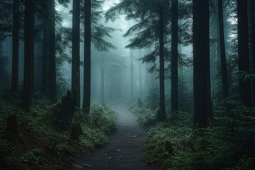 Fototapeta premium Misty Forest Pathway in the Pacific Northwest with Soft Light and Atmospheric Scenery