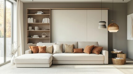 Modern Living Room Design with Beige Sofa Pillows and Wooden Shelves Contemporary Interior Style