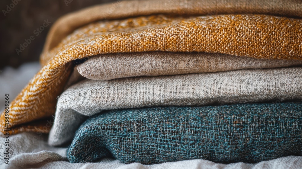 Poster stack of folded linen fabric natural fiber textile close up shot with warm color palette soft light