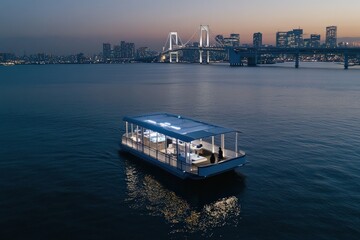 Naklejka premium Scenic evening cruise on tranquil water with illuminated cityscape background, featuring elegant boat beneath a lit-up bridge. Perfect getaway.