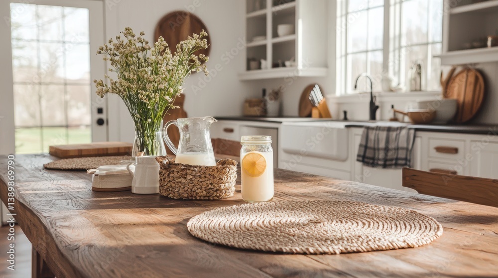 Poster serene kitchen scene with rustic wooden table flowers and refreshing drink for a calming visual mood