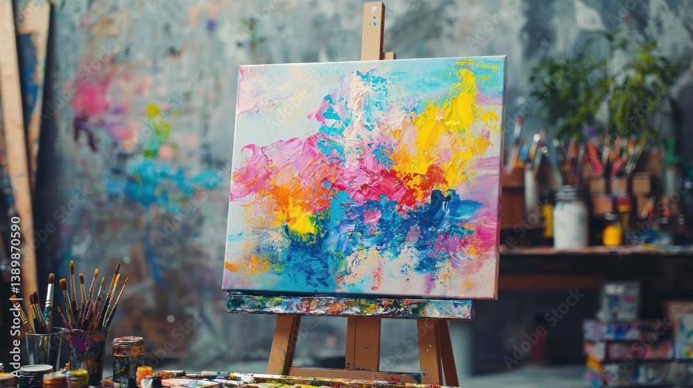 Aufkleber Vivid abstract artwork with bold color palette created in painterly style on easel at studio