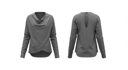 Gray blouse with cowl neck and back cutout.  Ideal for marketing