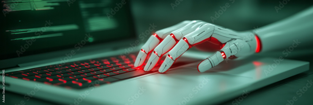 Poster detailed image of a futuristic robotic hand interacting with a minimalist laptop, lit by soft