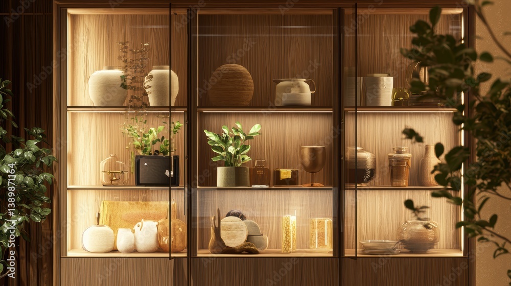 Poster elegant display cabinet featuring illuminated shelves filled with decorative ceramic art objects and