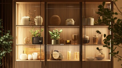 Elegant display cabinet featuring illuminated shelves filled with decorative ceramic art objects and potted plants