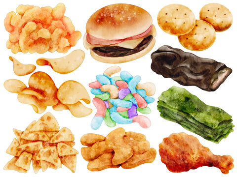 Watercolor Fast Food and Snack Clipart Set Hand Painted Chips Burger Candy Nuggets Seaweed Crackers Artistic Junk Food Illustration