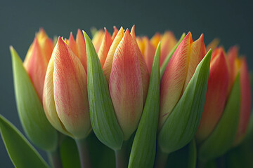 Fototapeta premium Early Blooming Tulips Growing In Fresh Spring Garden With Vibrant Green Leaves And Sunlight Generative AI
