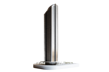 Sleek modern skyscraper architectural model clean lines minimalist design white background detailed