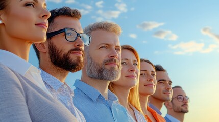 Group of people gazing up at the bright blue sky with wonder and curiosity on a clear day