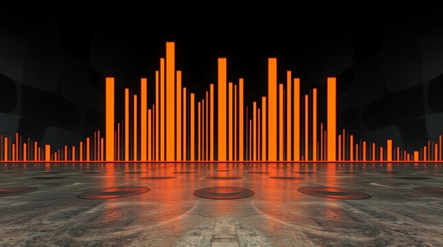 Neon Echoes: A vibrant display of neon orange light columns stands in a futuristic setting, reflected on a polished surface, creating a captivating visual symphony of technology and abstract beauty.