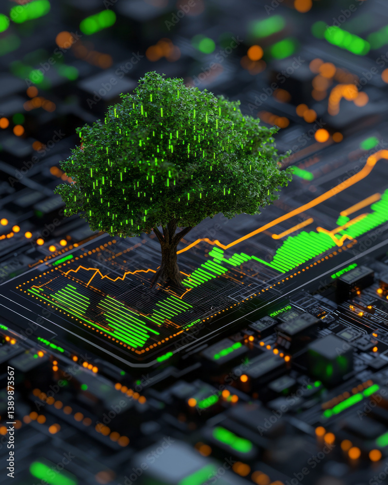 Poster a green tree blossoms at the peak of a rising chart line, camera pulling back over a futuristic