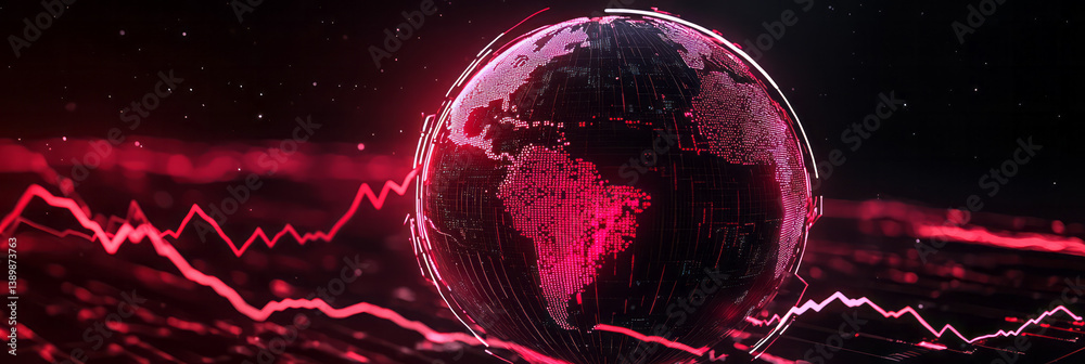 Aufkleber A glowing digital globe rotating slowly in space, wrapped in red stock chart lines that curve