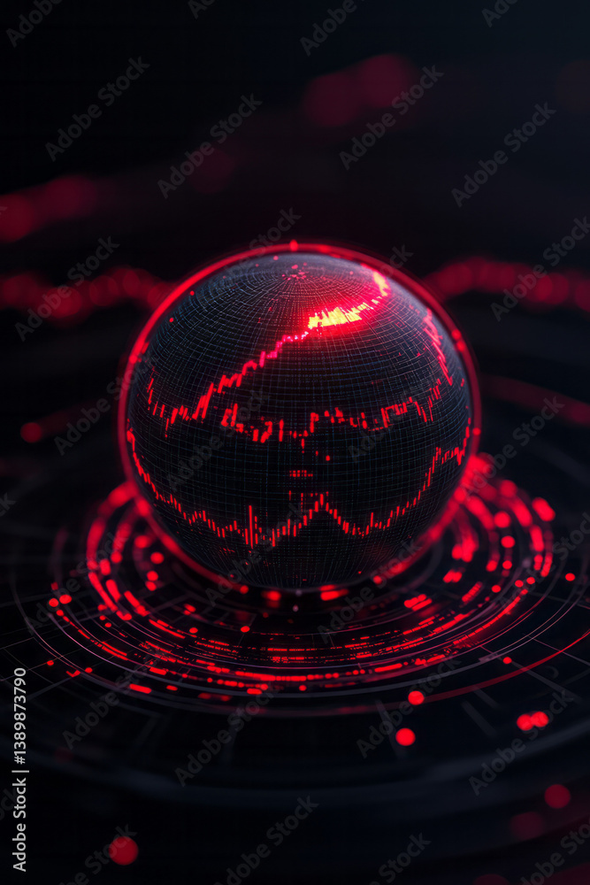 Leinwandbilder a high-tech globe with a radiant core, encircled by red financial chart lines and illuminated by