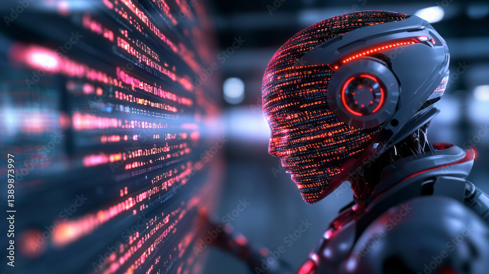 Poster A sleek humanoid robot scanning streams of glowing information projected on a digital surface, as