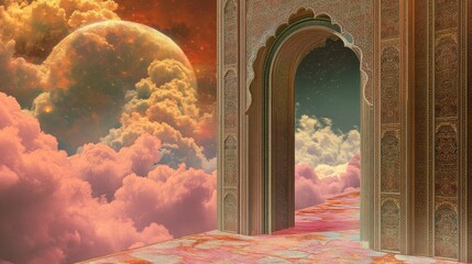 A surreal archway leads to a celestial realm beyond pink clouds