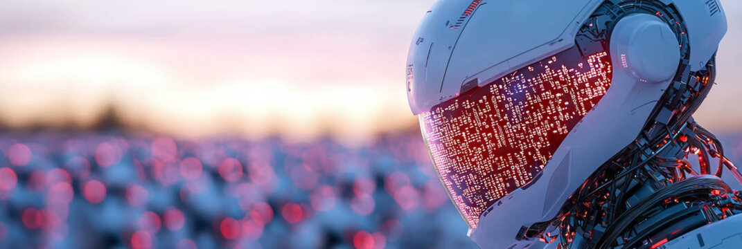 A futuristic robot closely examining glowing data lines on a digital wall, with subtle camera