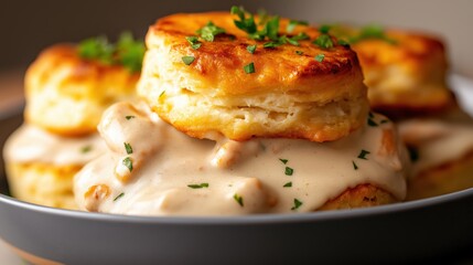 Creamy chicken and biscuit dish with tender chicken and fluffy biscuits topped with rich gravy and fresh parsley