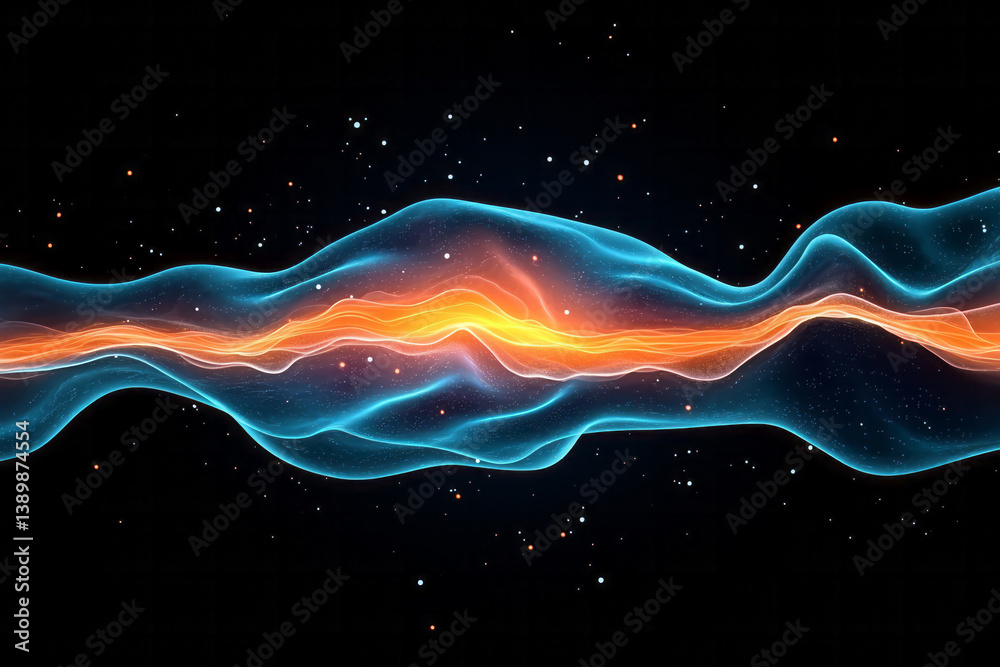 Aufkleber a softly glowing neural structure composed of orange and blue light filaments, gently undulating in