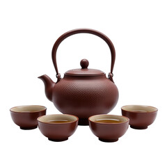 Traditional Chinese Teapot with Cups on Transparent Background