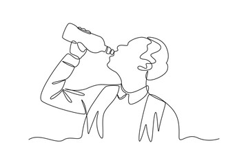 Single continuous line drawing of man are drinking for health. Fitness stretching concept. Trendy one line draw design vector illustration