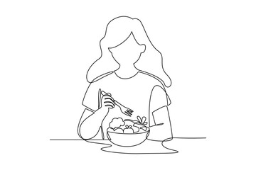 Single continuous line drawing of woman eating healthy. Fitness stretching concept. Trendy one line draw design vector illustration