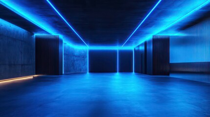 Empty futuristic indoor space with blue lighting. Concrete walls, floor create modern, industrial look. Suitable for product displays, text overlays. Scene evokes minimalist style. Studio rendering