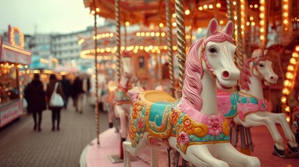 Obraz premium A carousel horse in soft pastel colors at a festive outdoor market, with blurred people in the background.