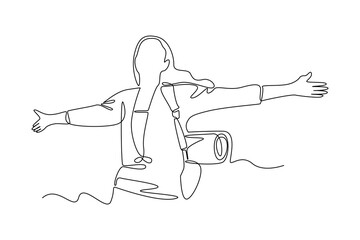 Single continuous line drawing of hiking sport woman enjoying healthy air. Fitness stretching concept. Trendy one line draw design vector illustration