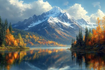 Mount Shuksan Reflected in Serene Lake Surrounded by Vibrant Autumn Foliage in Washington State