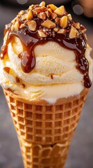 Decadent gelato served in a waffle cone topped with caramel and crushed nuts for a delightful treat
