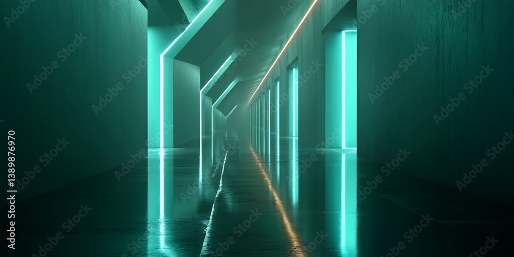 Poster teal neon lights illuminate a long, reflective corridor with doors, creating a futuristic and atmosp