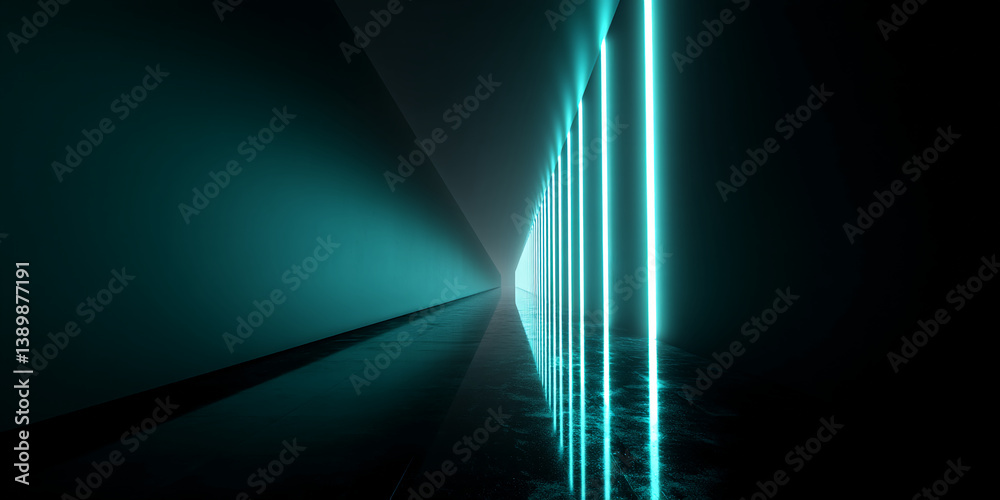 Aufkleber dark teal corridor with glowing cyan vertical lines, creating a futuristic, abstract scene, showcasi